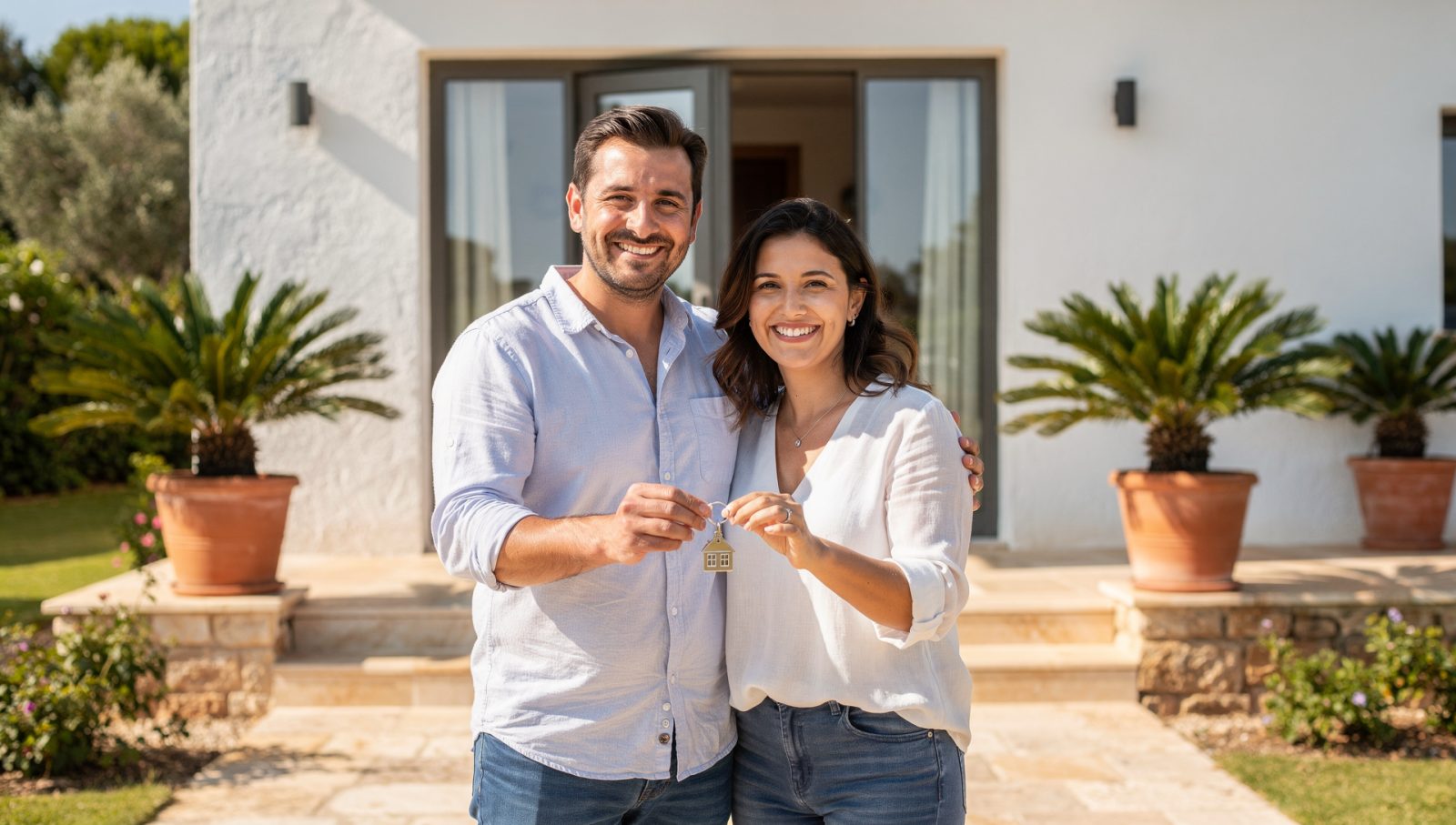 Pareja internacional con las llaves de su nueva casa en Mallorca